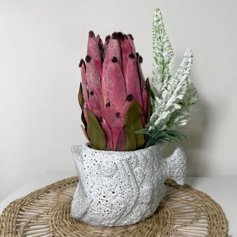 Handmade Artificial Pink Protea in Textured Fish Planter Arrangement